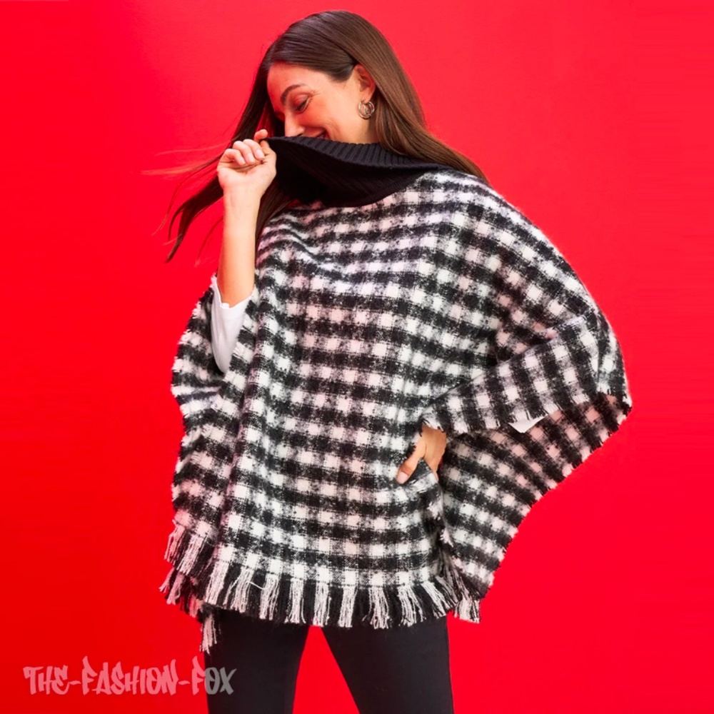 Chico's Black White Houndstooth Turtleneck Woven Knit Poncho Shawl Size S/M NWT
